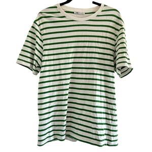 Zara (L) Green/White Striped Heavyweight Crewneck T-Shirt Minimalist Coastal